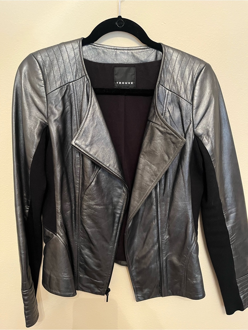 Trouve Metallic Black Leather Moto Jacket with Stretch Panels